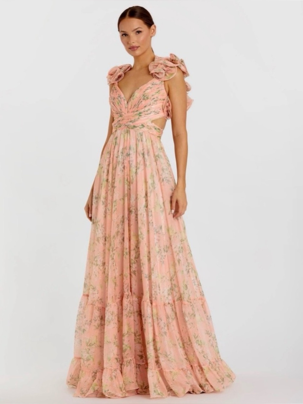 Mac Duggal 68703 Ruffle Tiered Floral Cut-Out Chiffon Gown in Pink Multi